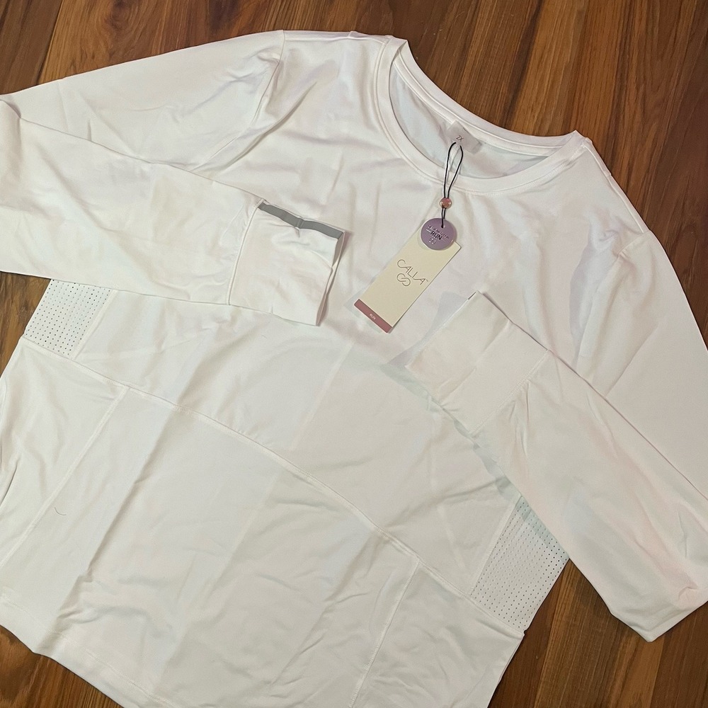 NWT Calia Long & Lean Long Sleeve Women 2X White Run Shirt WAX13036WP Activewear